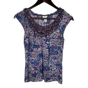 Anthropologie Odille Floral Cap Sleeve Scoop Neck Silk Blouse